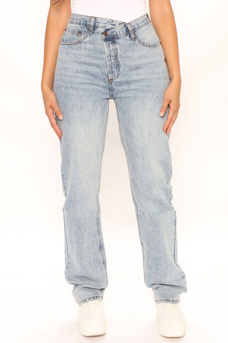 Tall Crossover Straight Leg Jeans Light Blue Wash Fashion Nova