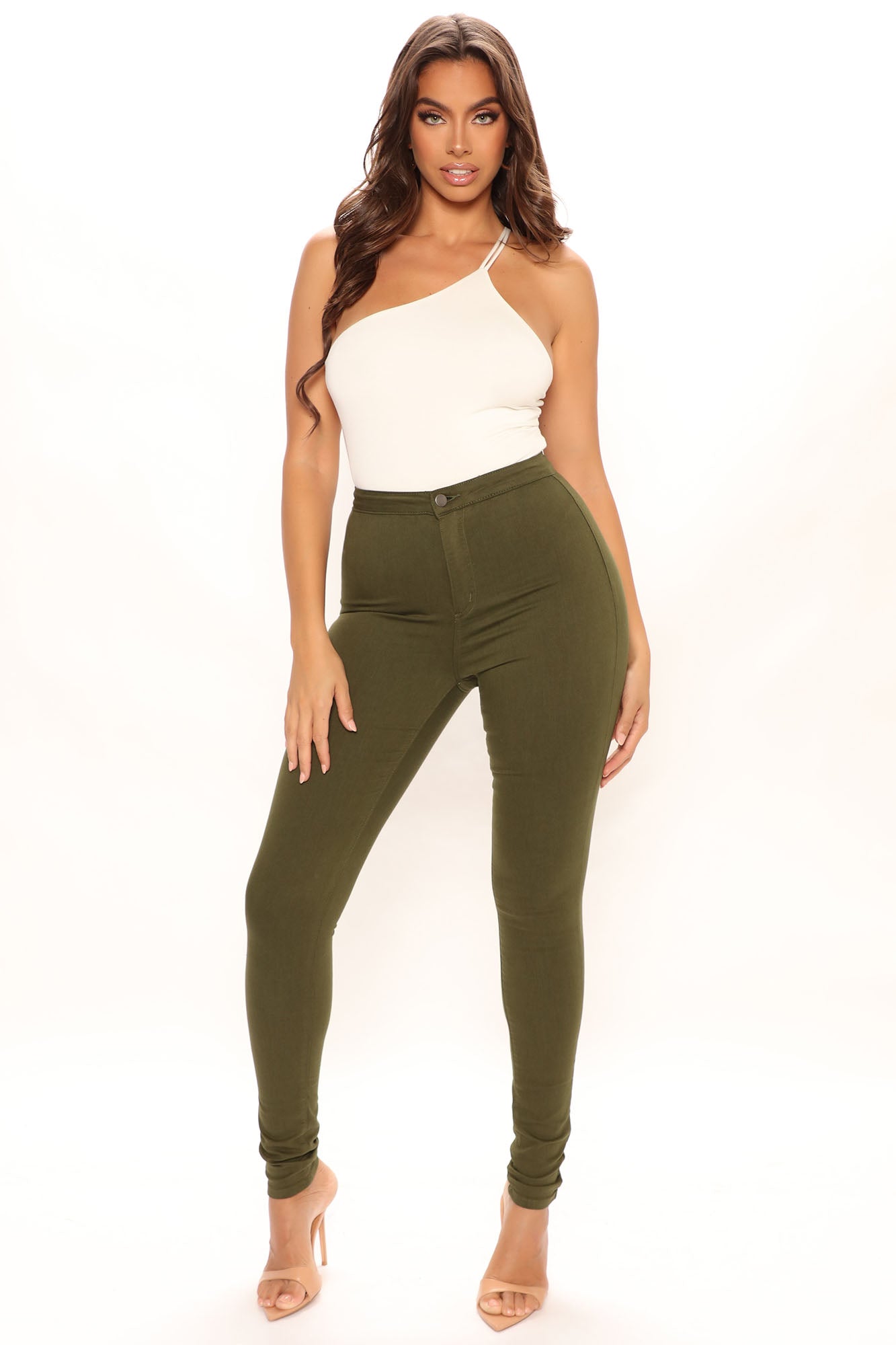 Tall Super High Waist Denim Skinnies Olive