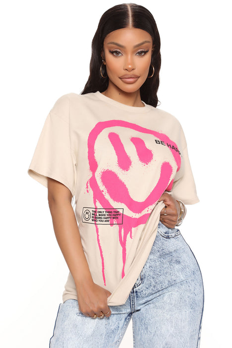 Be Nice Smiley Face Tee - Nude, Fashion Nova, Screens Tops and Bottoms