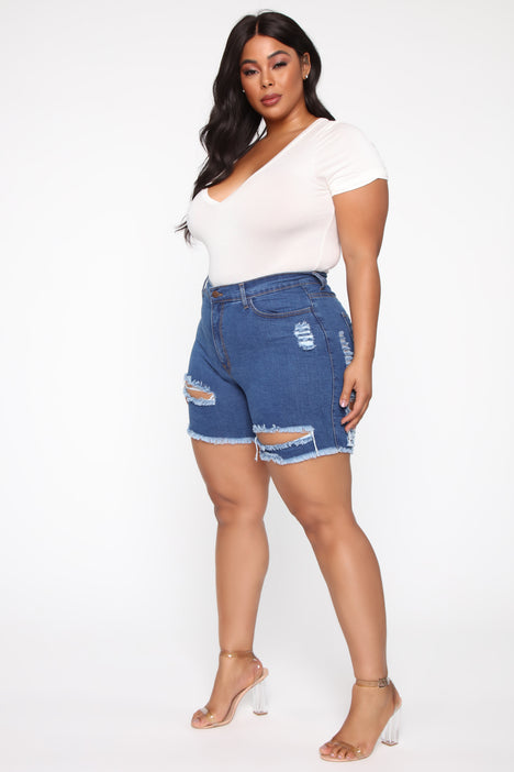 A Lot To Love Distressed Bermuda Shorts Medium Blue Wash