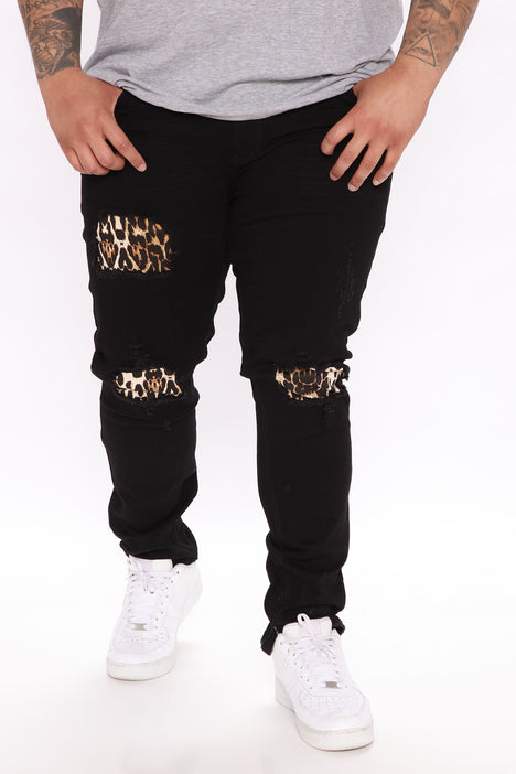 Black jeans with leopard patches cheap