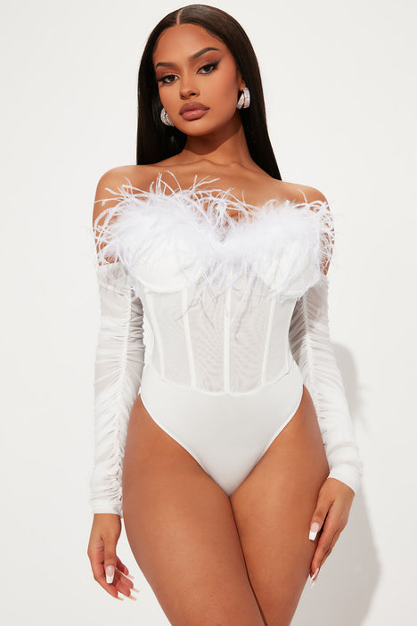 Crush Your Heart Feather Bodysuit White Fashion Nova