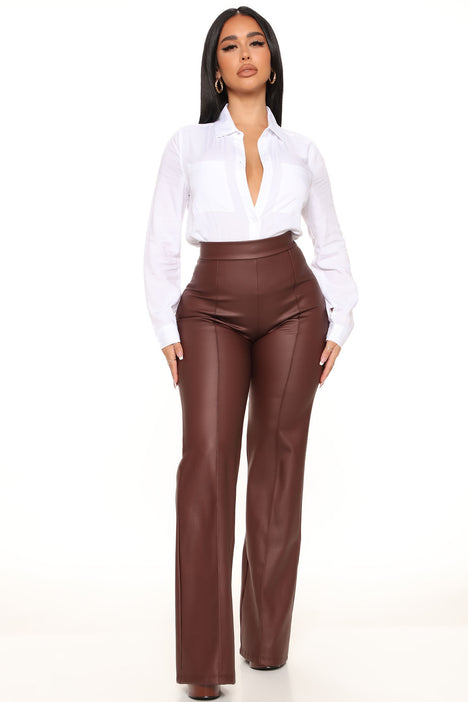 Victoria High Waisted Dress Pants Faux Leather 35 - Brown