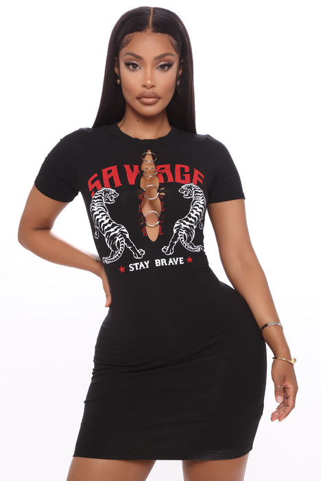 Stay Brave Short Sleeve Mini Dress Black