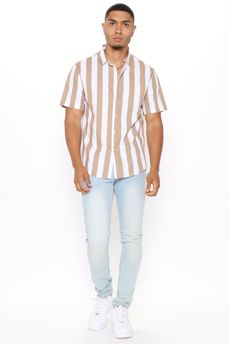 Free And Easy Vertical Striped Short Sleeve Woven Top - Khaki | Fashion ...