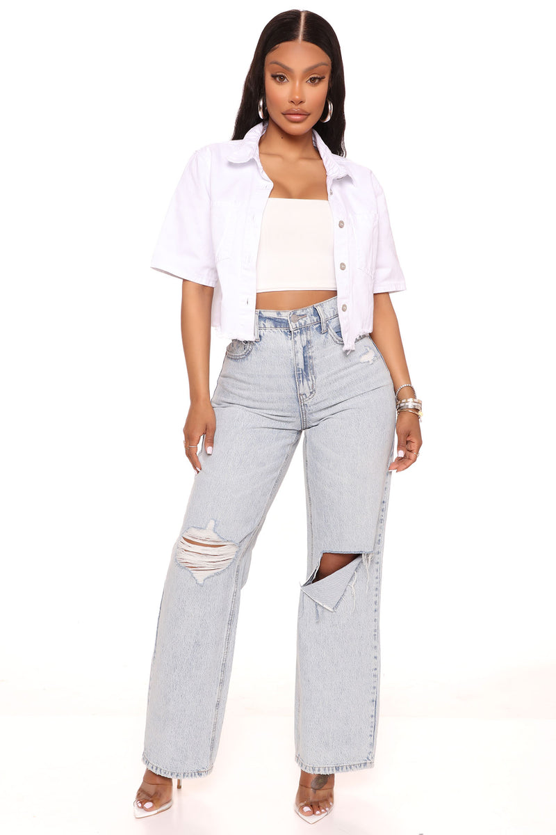 Short Sleeve Denim Shacket - White | Fashion Nova, Jackets & Coats ...