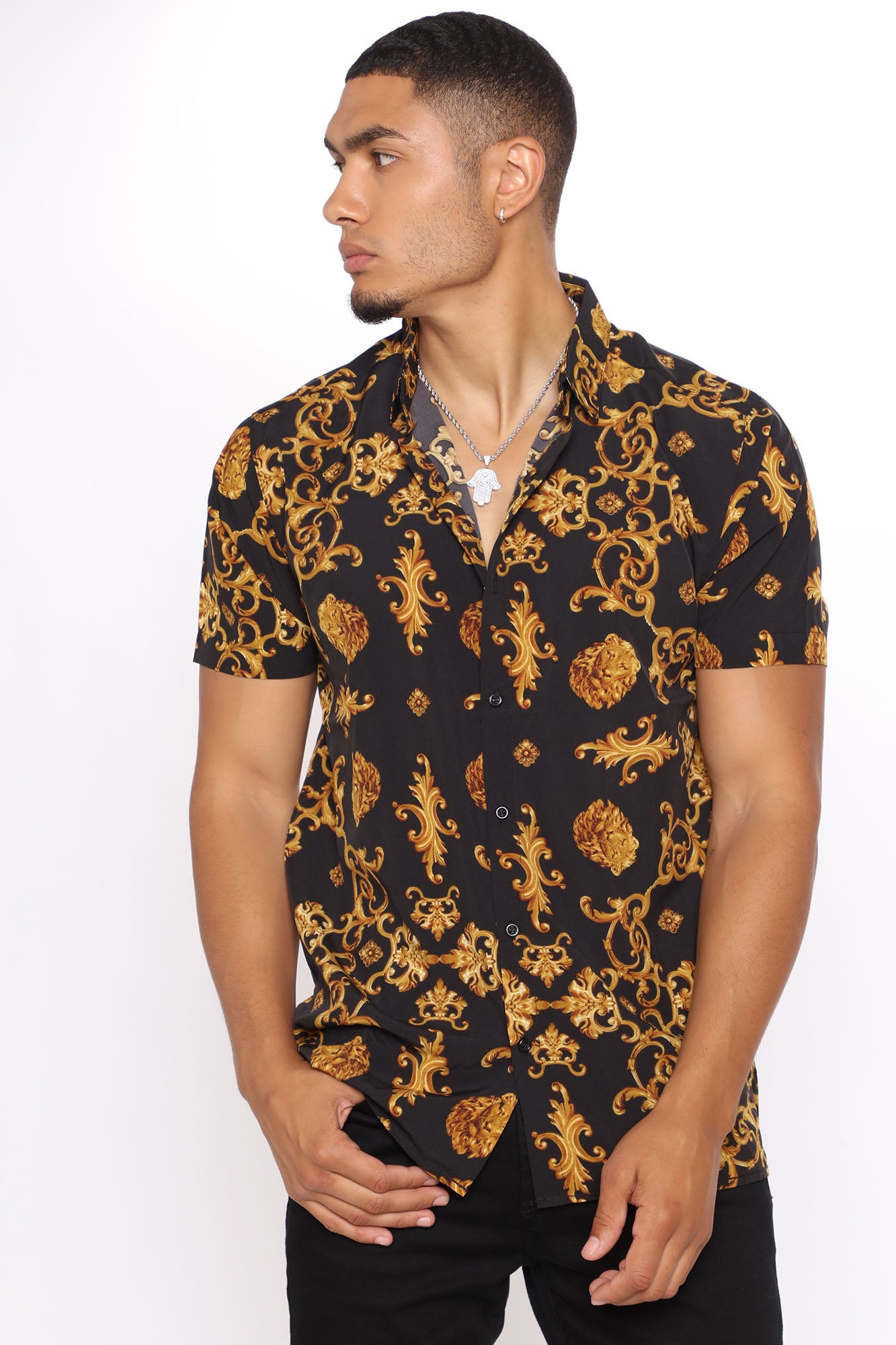 Gold and black discount button up shirt