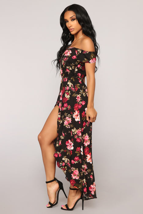 Day Trip Floral Maxi Romper Black
