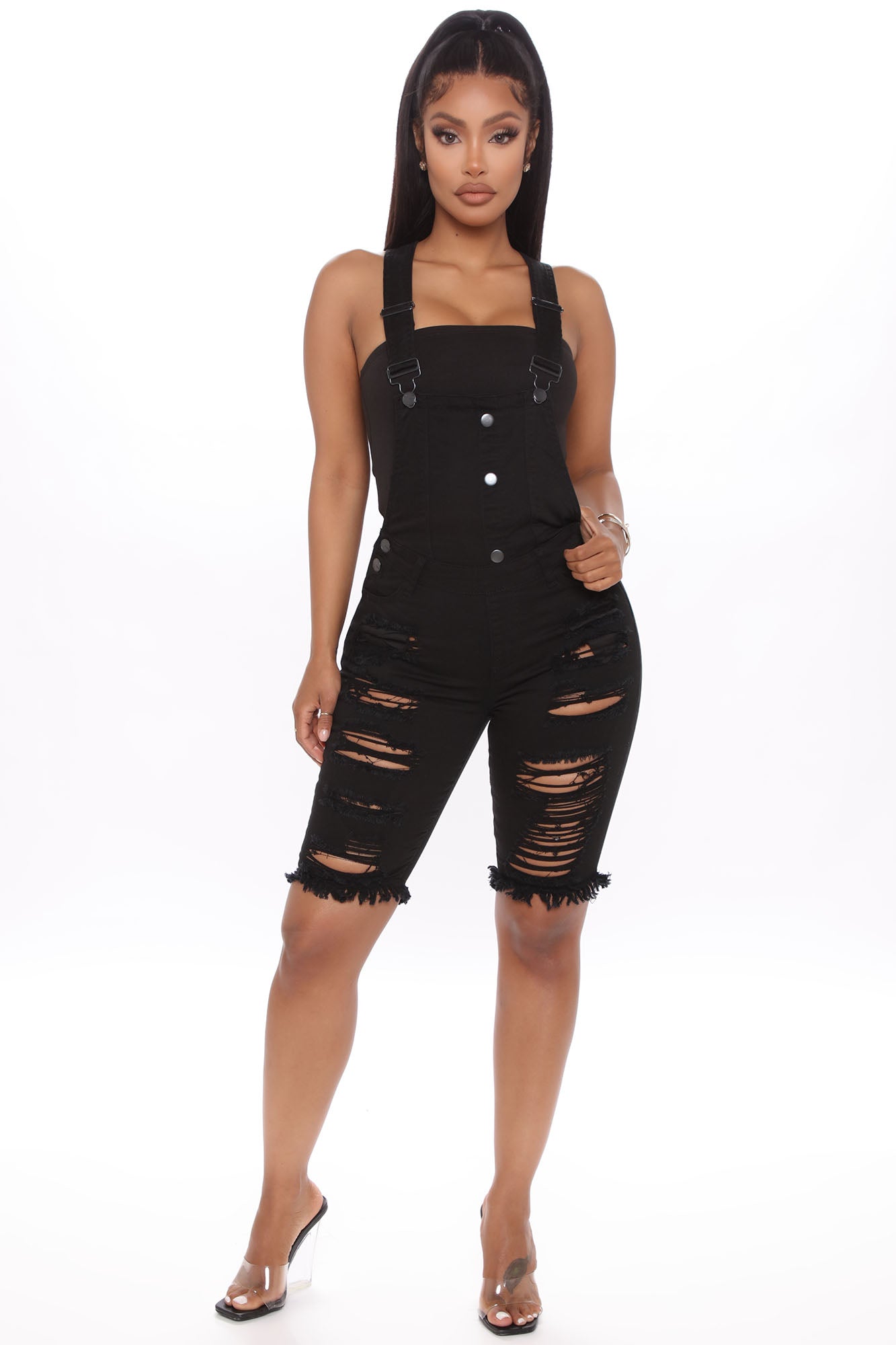 Sophie Distressed Shortalls Black