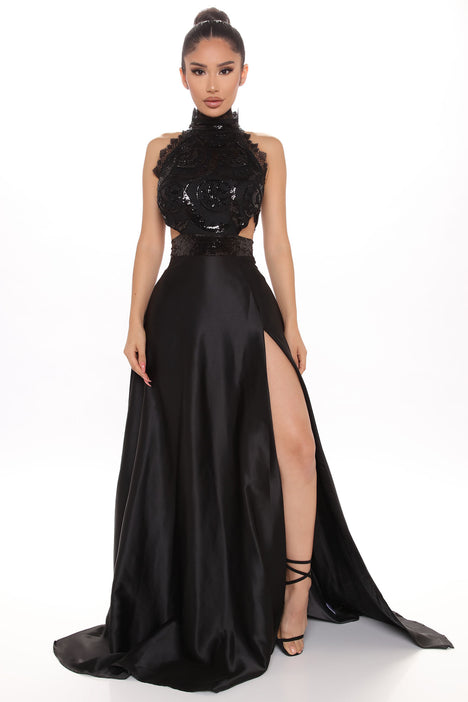 Simple Black satin long prom dress, black evening dress – Flora Prom