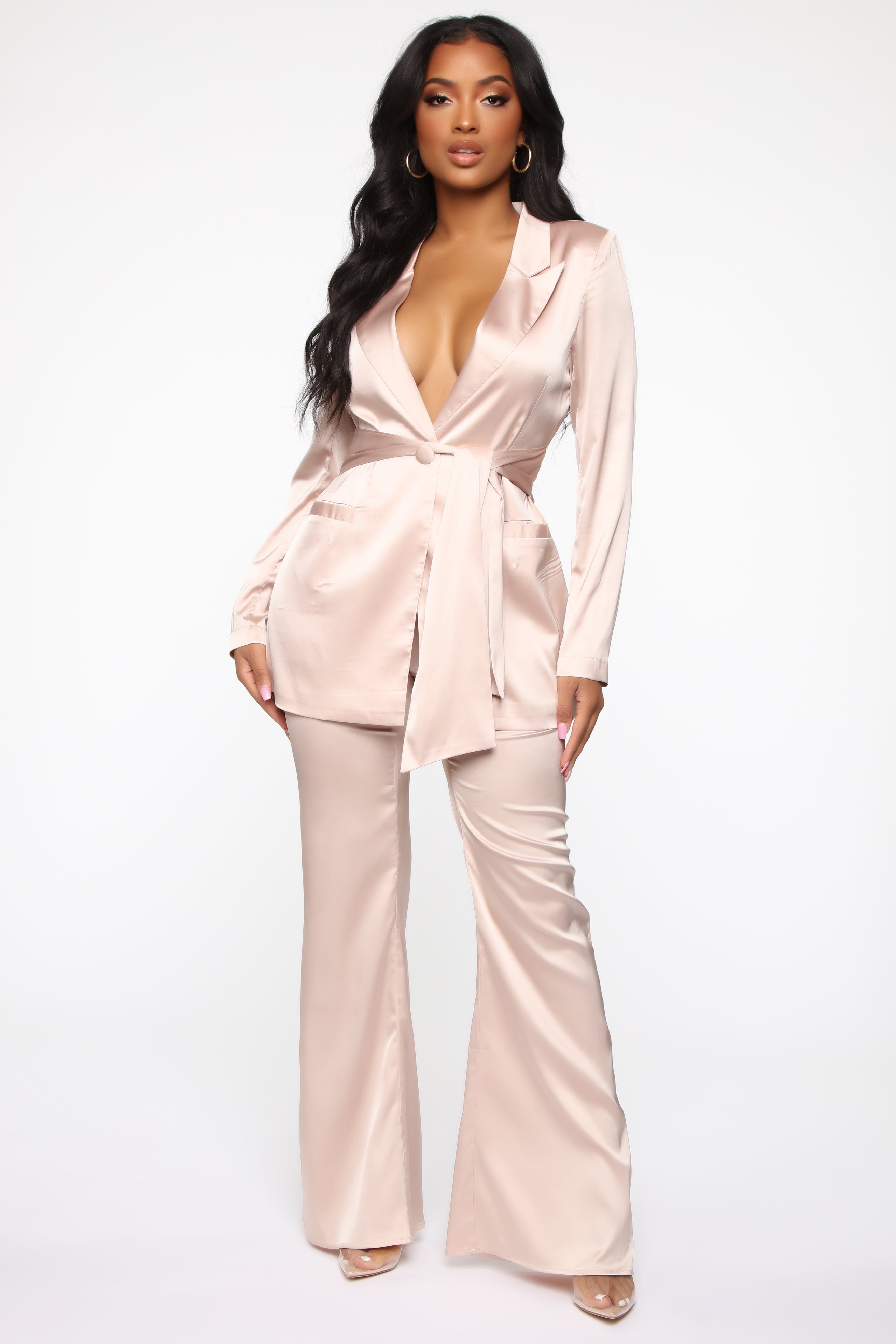 All The Power Satin Suit Set - Nude