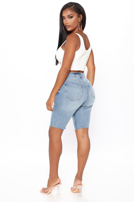 Kick It Into Gear Denim Biker Shorts Light Blue Wash