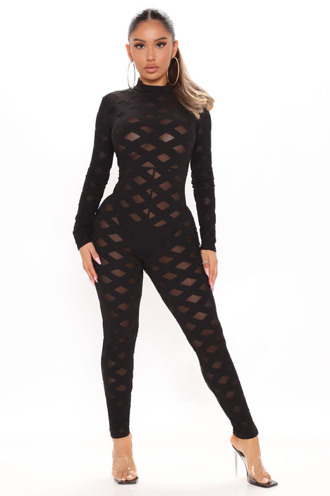 Black Velvet Sheer Round Neck Long Sleeve Jumpsuit - Hot Miami Styles