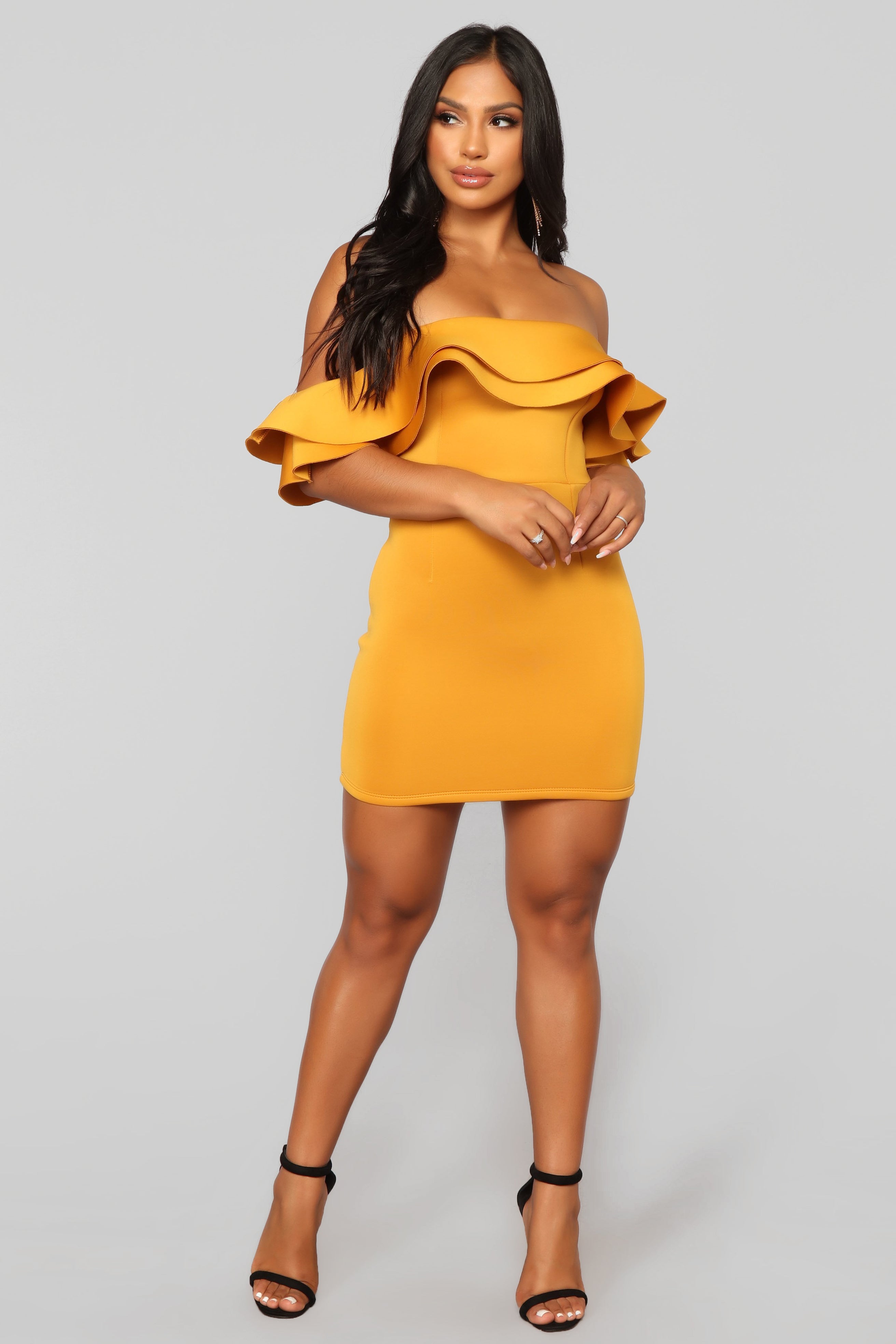Off the shoulder mustard yellow dress on sale