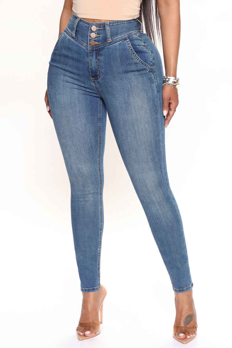 Memphis Exposed Button Skinny Jeans - Medium Blue Wash | Fashion Nova ...