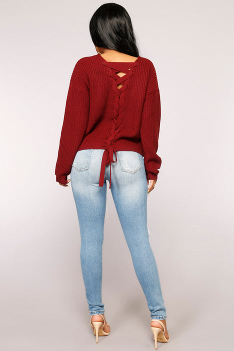 Red lace up sweater top
