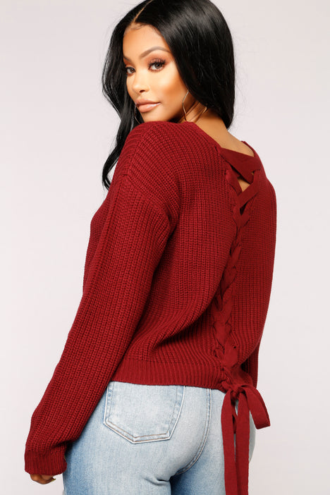 Red lace up sweater on sale