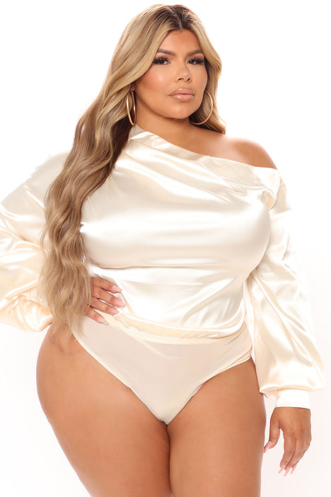 High Status Satin Bodysuit - Ivory, Fashion Nova, Shirts & Blouses