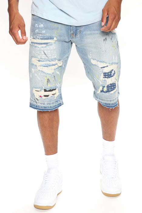 Men's Blue Denim Shorts,Stretch Knee Length,Painted and Splashed Streetwear  Holes Jeans 1808 28 at Amazon Men's Clothing store