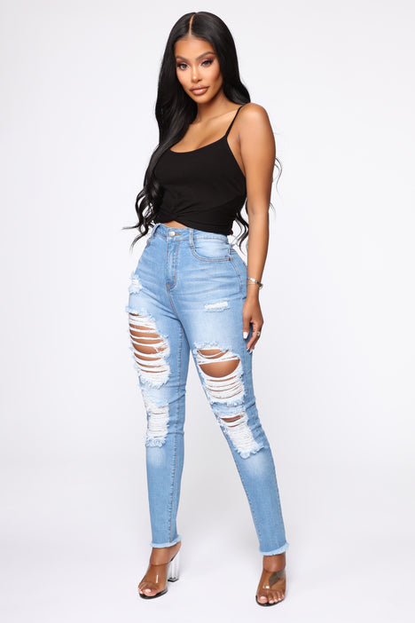 Blue ripped sale jeans fashion nova