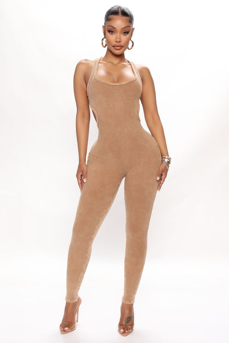 Keep Thriving Ribbed Jumpsuit - Taupe