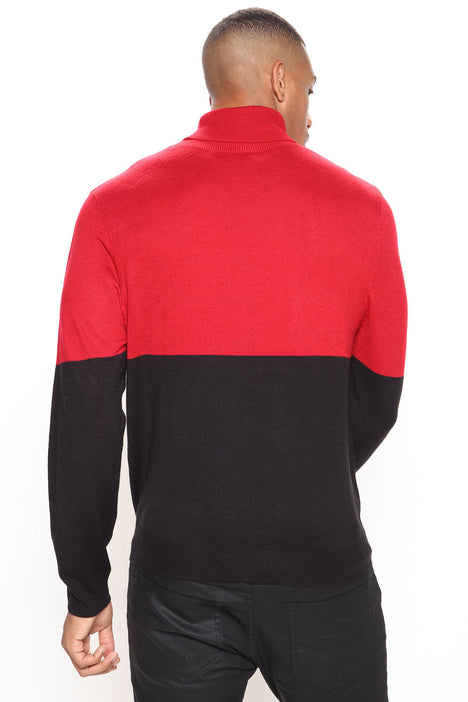 Black And Red Color Block Turtleneck Sweater