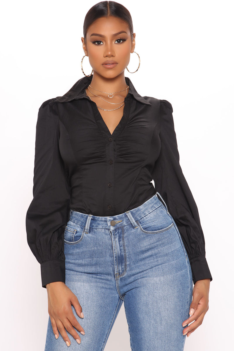 Cashin' Out Poplin Bodysuit - Black | Fashion Nova, Shirts & Blouses ...