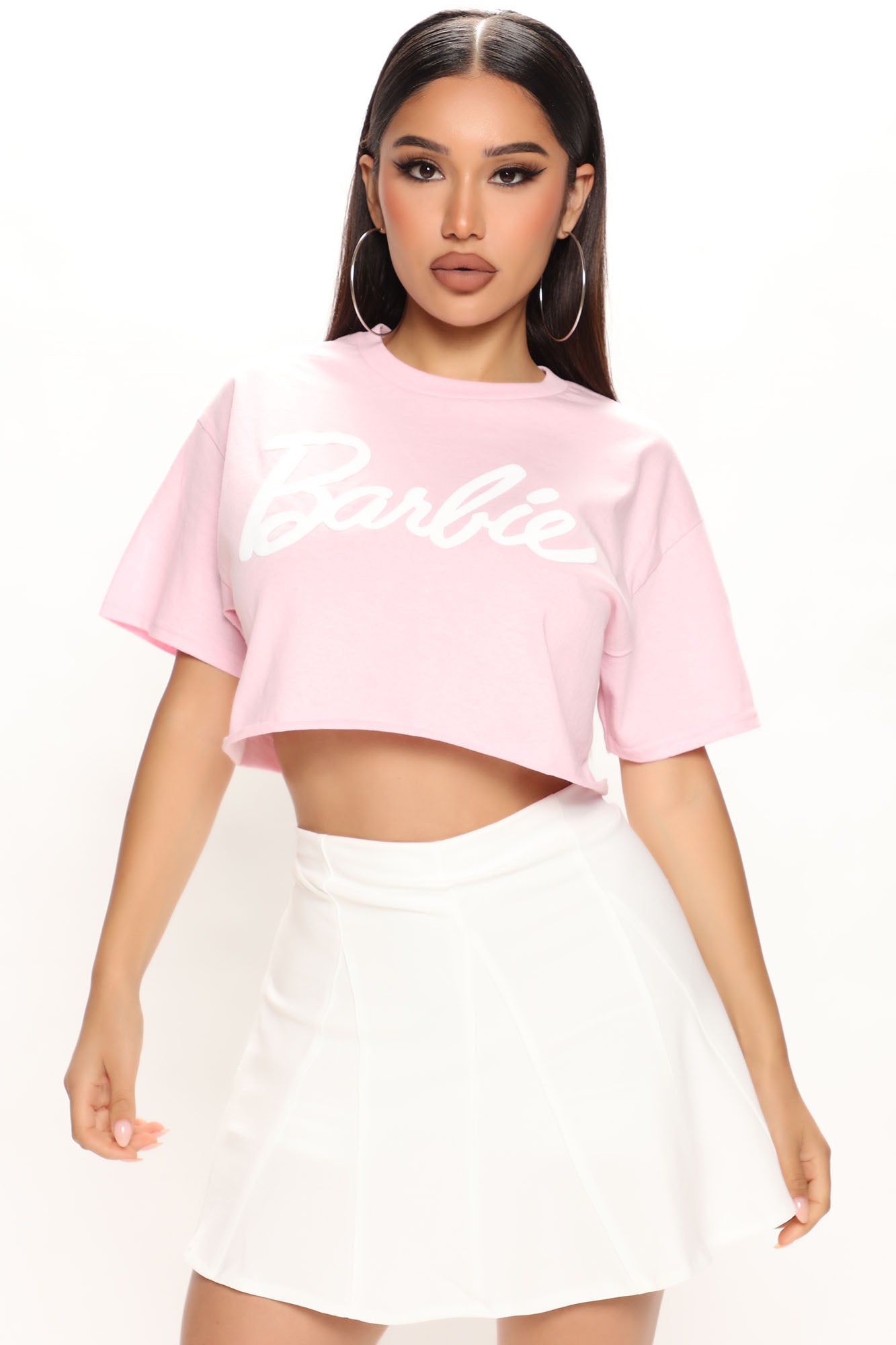 In A Barbie World Puff Print Crop Top Pink
