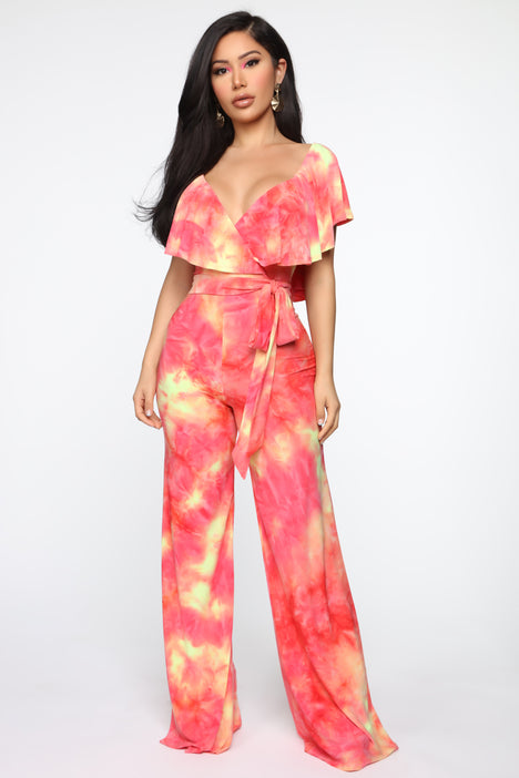 Keep It Wavy Tie Dye Jumpsuit Pink Yellow