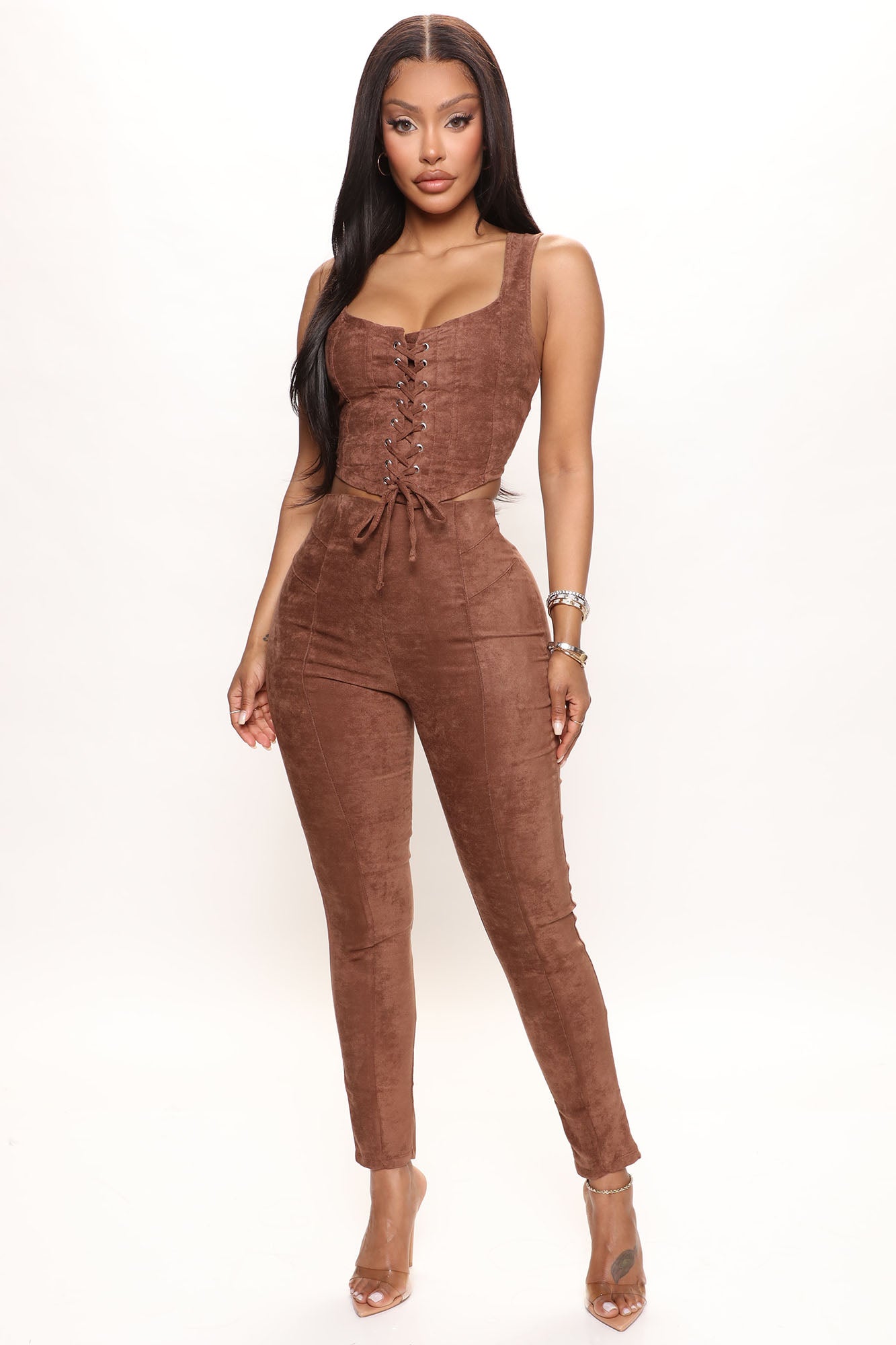 Faux outlet suede jumpsuit