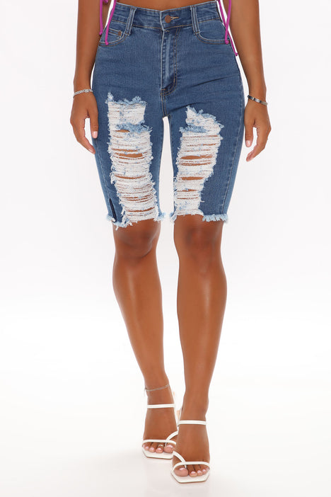 Distressed About It Denim Knee Shorts Medium Blue Wash Fashion