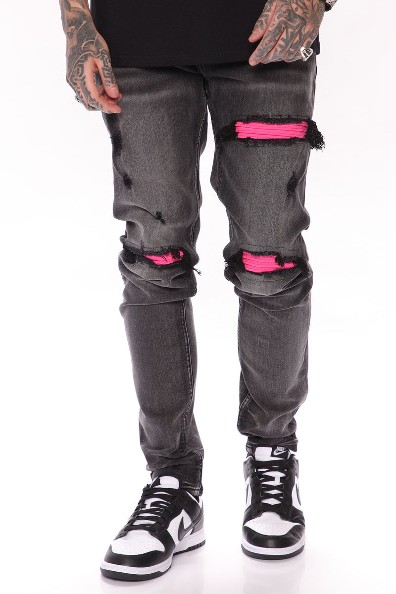 Contrast Ripped Patched Stacked Skinny Jeans - Black Wash | Fashion ...