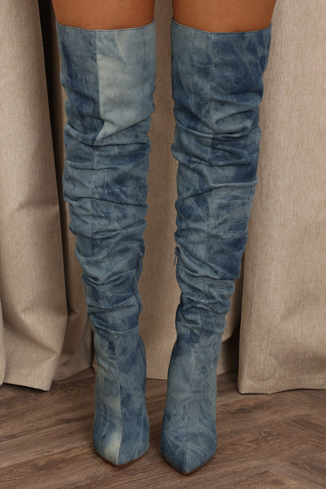 Denim thigh high boots fashion nova discount