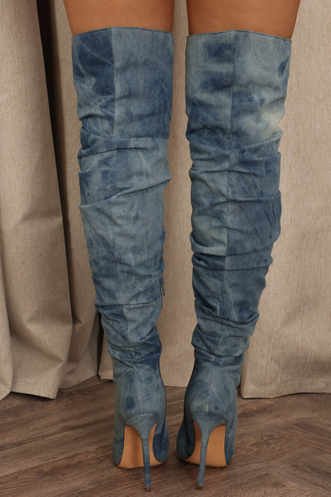 Denim thigh high new arrivals boots fashion nova