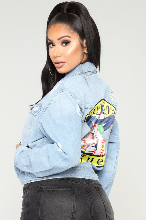 Off the shoulder sales denim jacket fashion nova