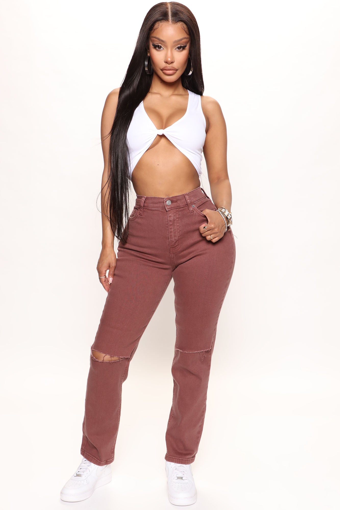 I Got It From My Mama Knee Slit Jeans Brown