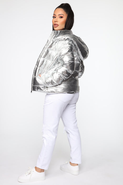 Women's Metallic Silver Down Puffer Jacket