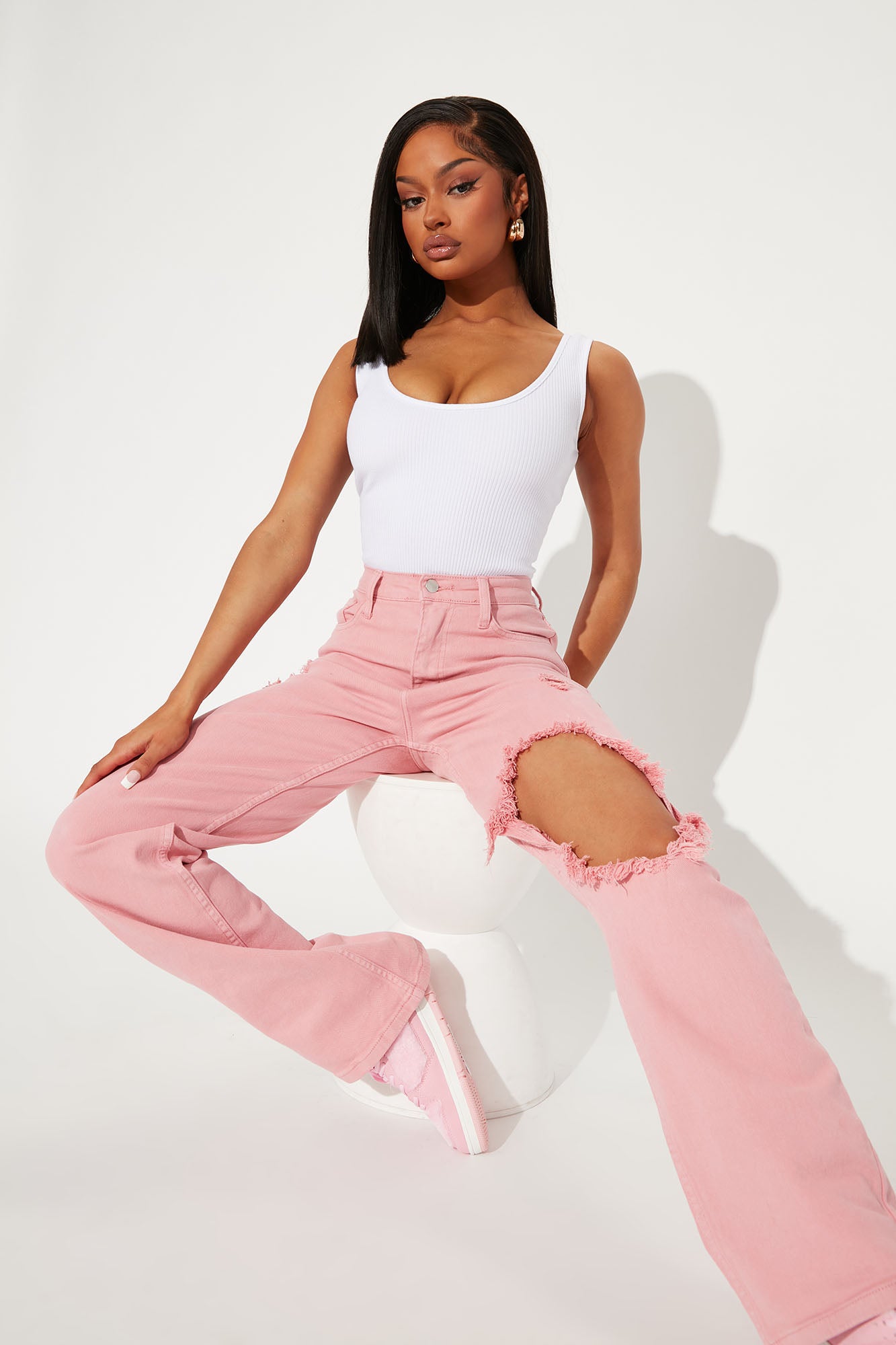 Arm Candy High Rise Ripped Straight Leg Jeans Pink Fashion