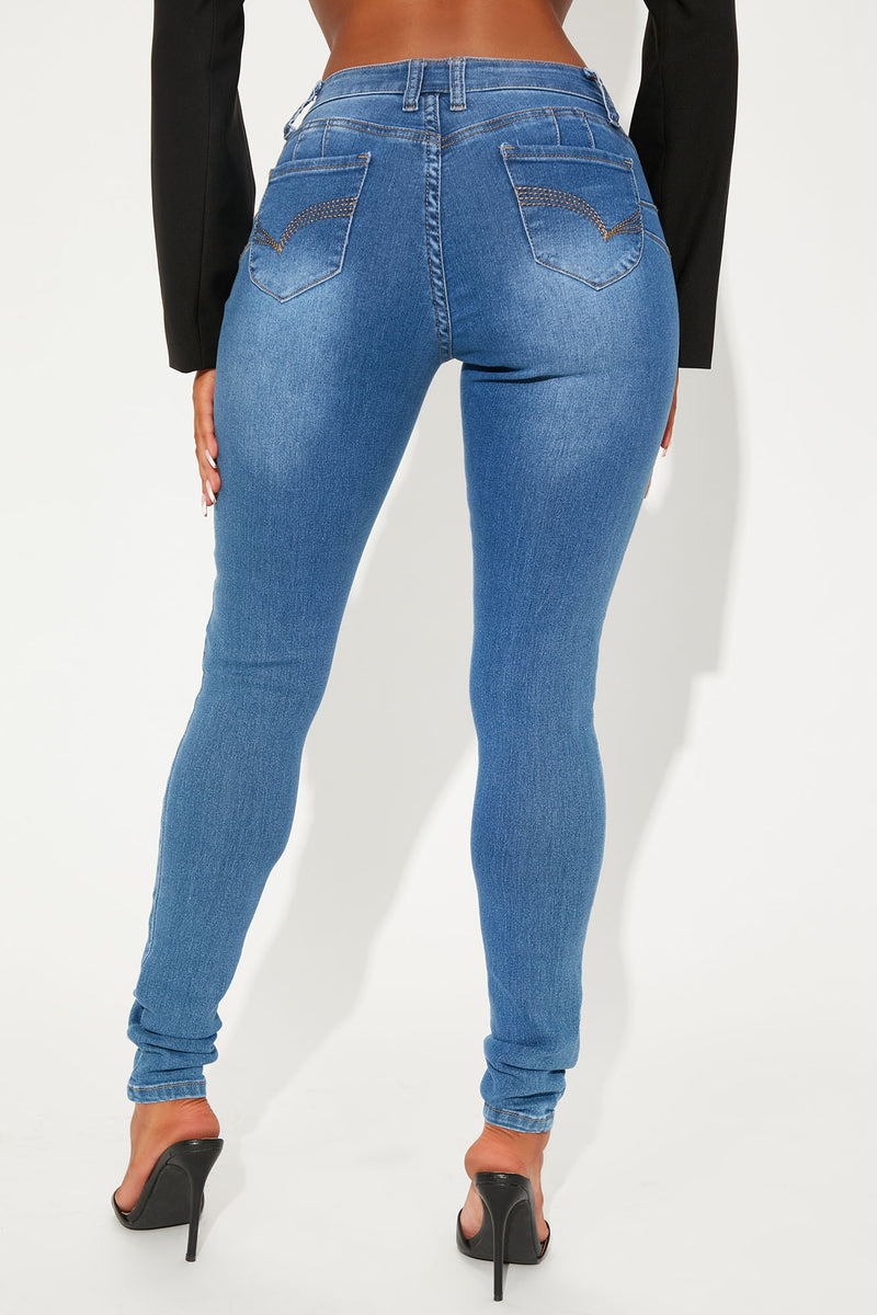 Let's Get Carried Away Low Rise Booty Lifter Skinny Jeans - Medium Blue ...