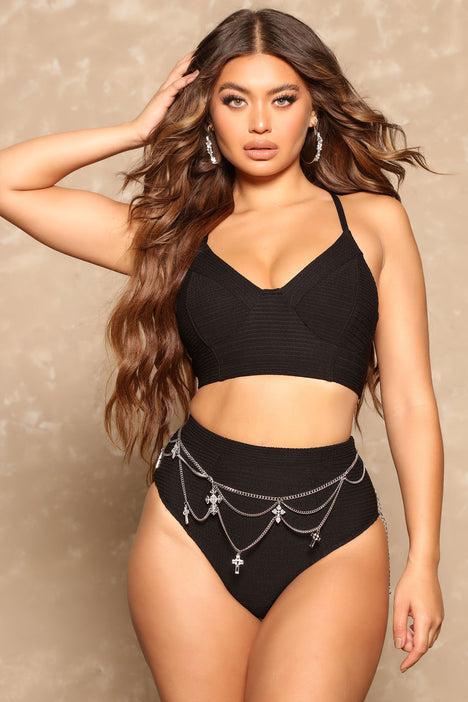 Summer Forever Wavy High Rise 2 Piece Bikini Black Fashion