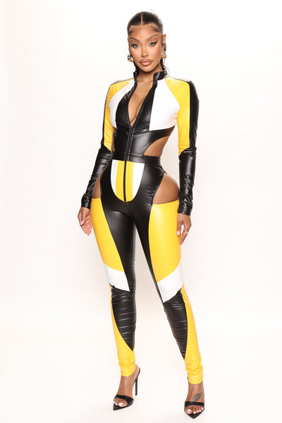 Ready To Race Leather Jumpsuit Black Yellow
