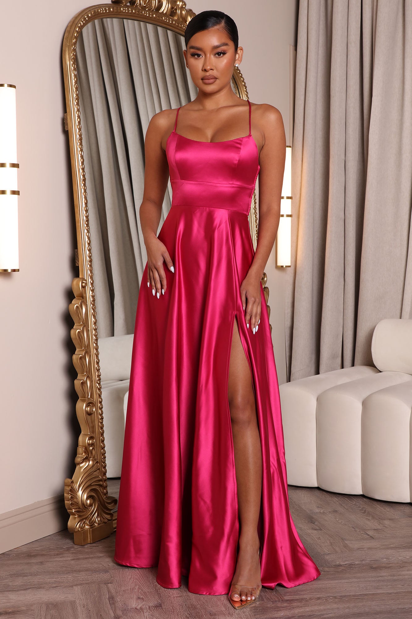 OFF THE SHOULDER HOT STONE SATIN GOWN- CD8295* – Livia & Co