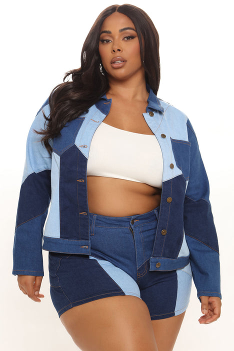 Peace Out Patchwork Denim Jacket Blue combo Fashion Nova