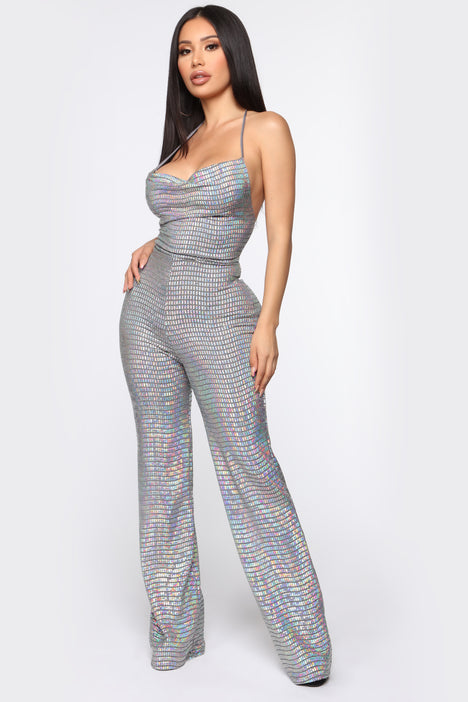 Fashion nova silver jumpsuit hotsell