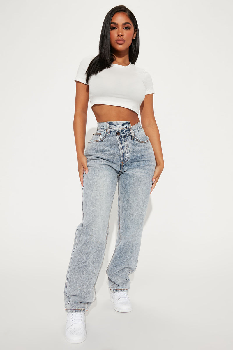Petite Crossover Straight Leg Jeans Light Blue Wash Fashion Nova
