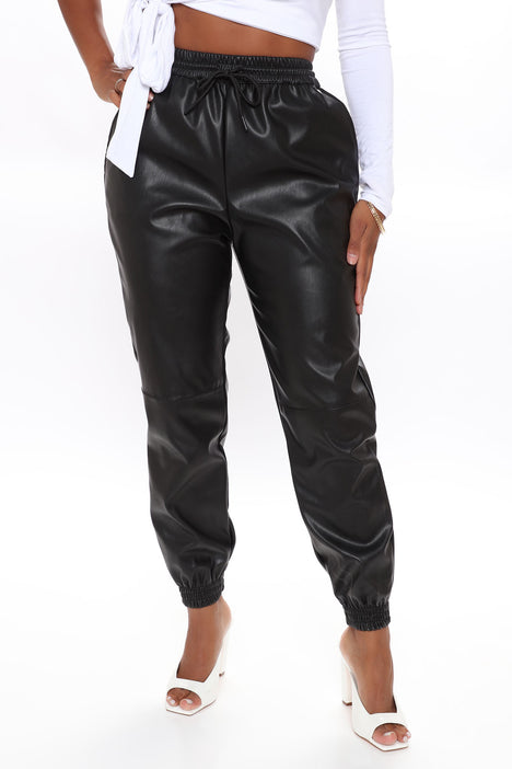 Faux leather joggers women's sales