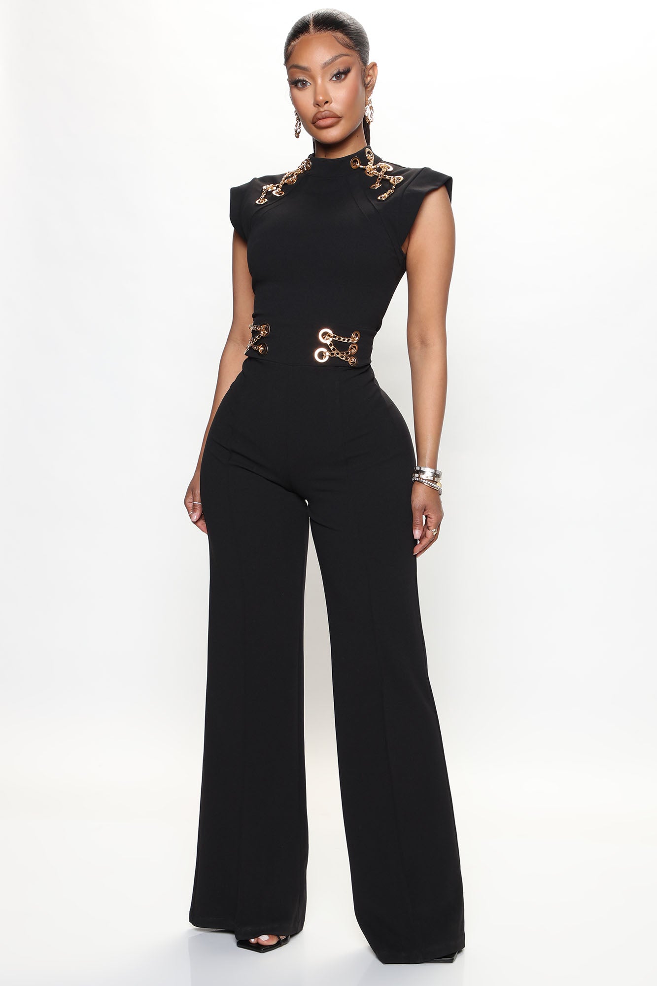 Fashion nova black and gold jumpsuit sale