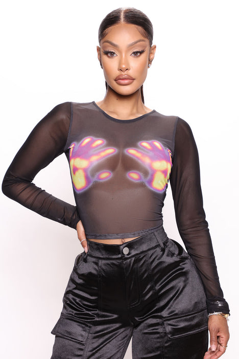 Hands On Me Long Sleeve Mesh Top - Black