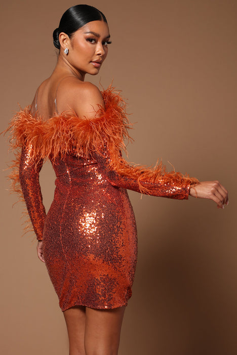 Mirabel Sequin Midi Dress Rust