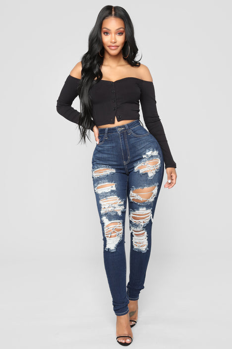 On The Level High Rise Distressed Jeans Dark Denim